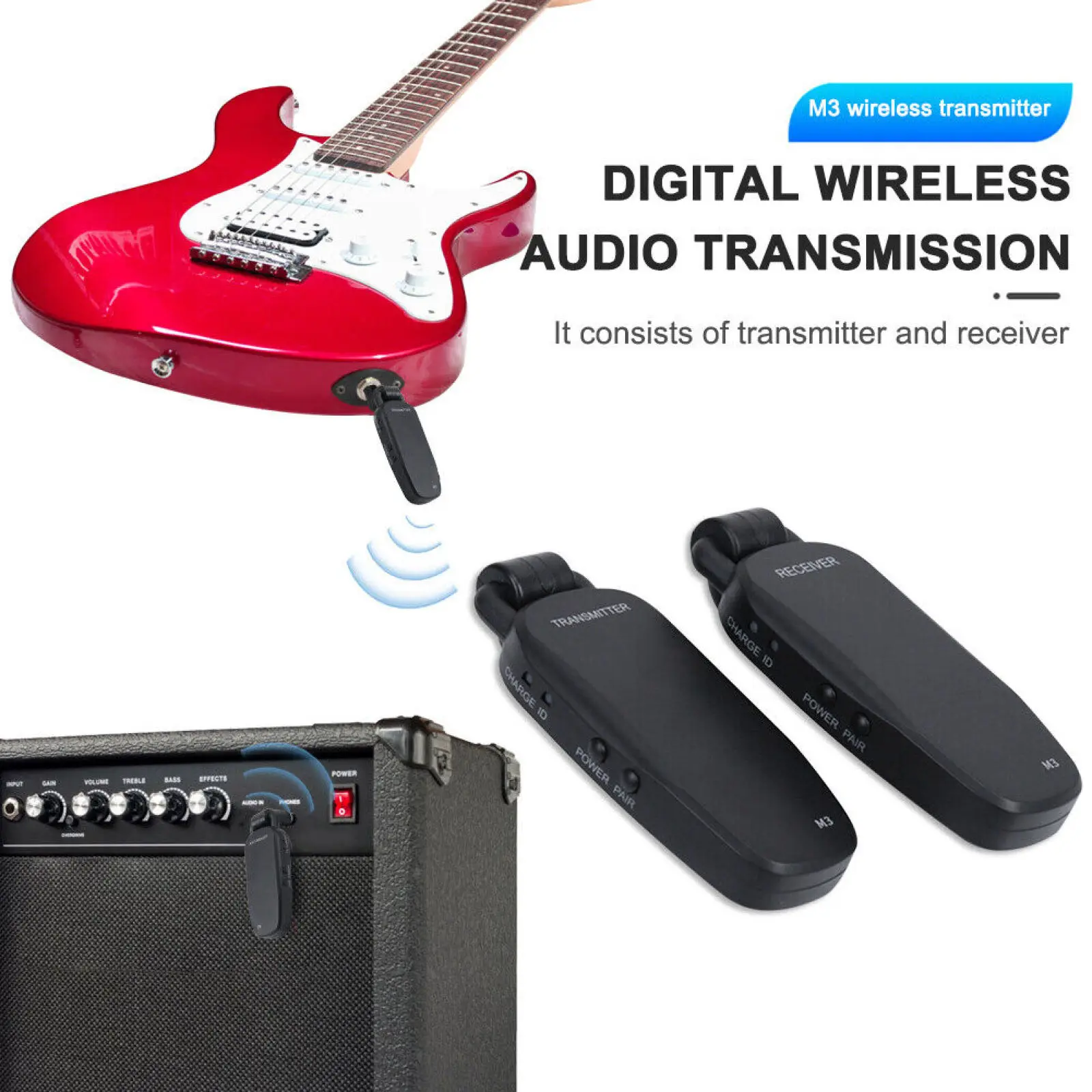 

2 Pack Portable Wireless Guitar System Built-In Rechargeable Guitar Transmitter Receiver For Electric Guitar Pickup