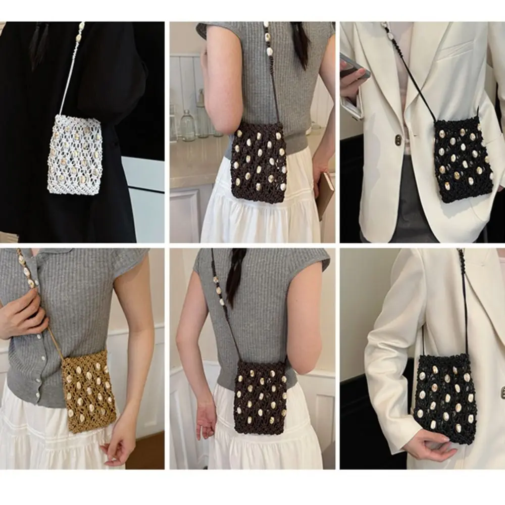 

Korean Style Beaded Woven Phone Bag Bohemian Wax Rope Beads Weave Crossbody Bag Handbag Braided Hollow Out Shoulder Bag Beach