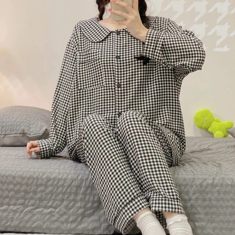 Plus Size Pajama Mujer Cherry Print Sleepwear Set Long Sleeve Top+Pants Ruffle Homewear Skin-Friendly Breathable