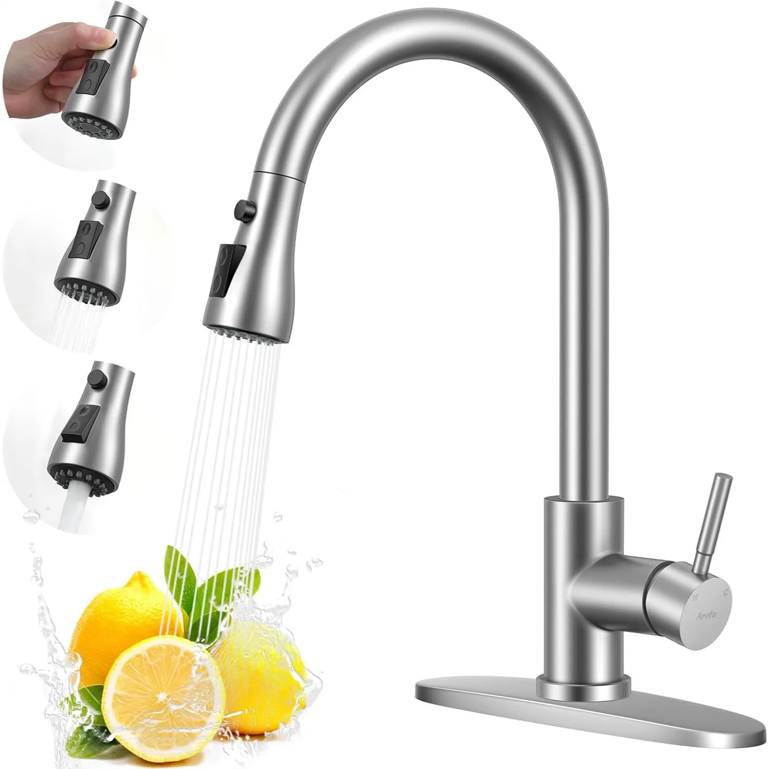 

Kitchen Faucet with Pull Down Sprayer, Brushed Nickel Single Handle Stainless Steel for 1 or 3 Hole Farmhouse Laundry Utility RV
