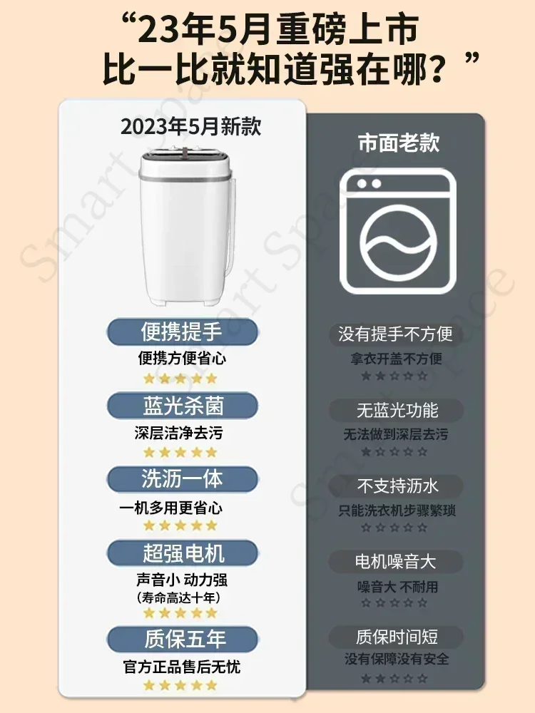 Nova pequena mini máquina de lavar doméstica semiautomática de barril de tubo único com função de lavagem integrada.
