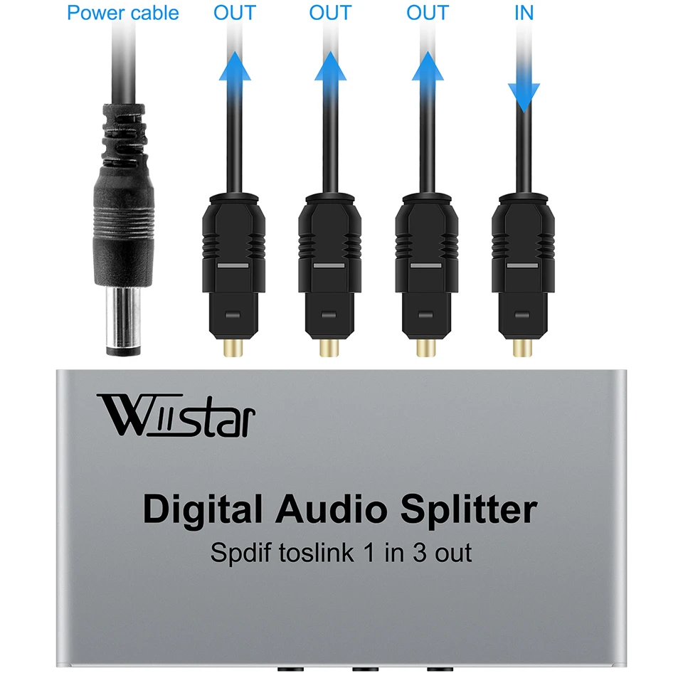 Wiistar 3 Way Spdif Toslink Optical Digital Audio Splitter 1x3 Optical Splitter 1 In 3 Out Support DTS AC3 with Power Cable