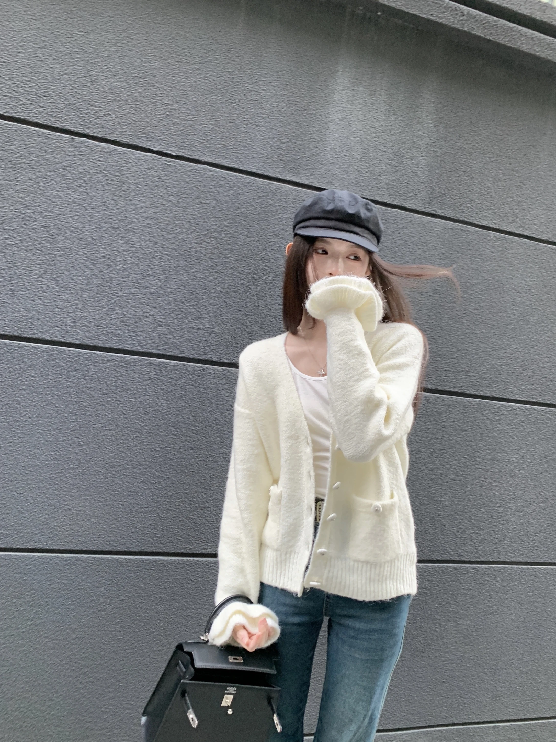 

Утепленный кардиган Nemowu Ele Thiened с длинными рукавами бежевого цвета для молодых женщин, вязаный свитер-пальто с открытым передом и пуговицами