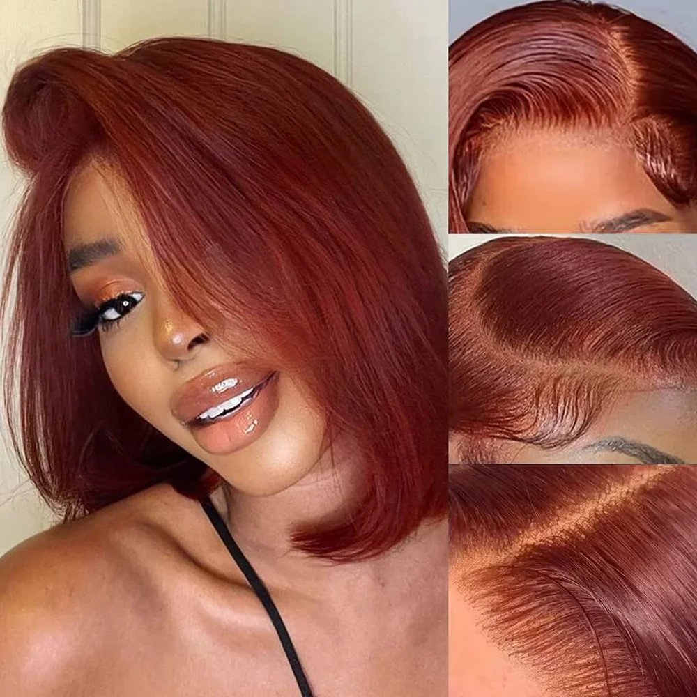 Peruca curta marrom avermelhada Bob, cabelo humano, perucas dianteiras do laço, pré arrancado com o cabelo do bebê, 180 Densidade, 13x4