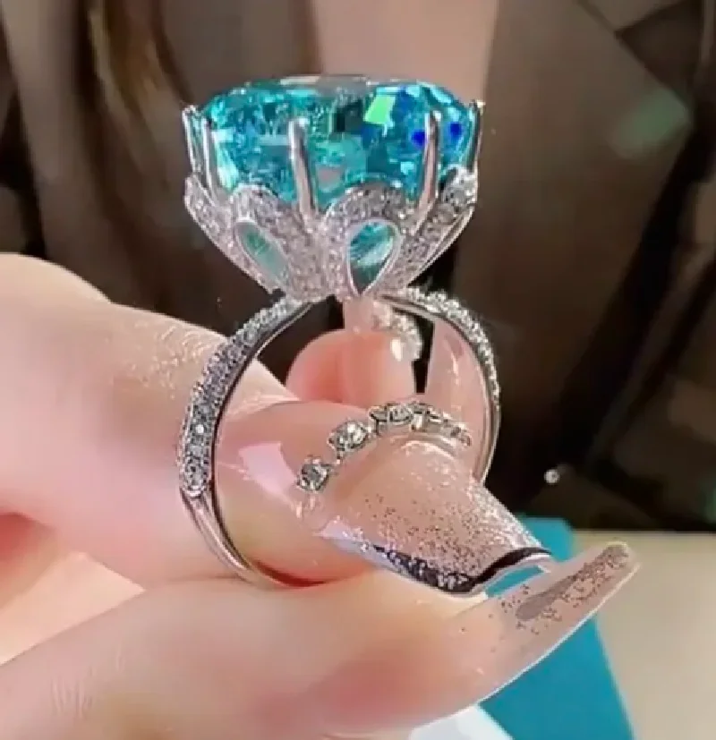 

ARIGAYA 925 Sterling Silver Sea Blue Sparkling Diamond Ring Versatile Ring for Women Fine Jewelry Party Gift