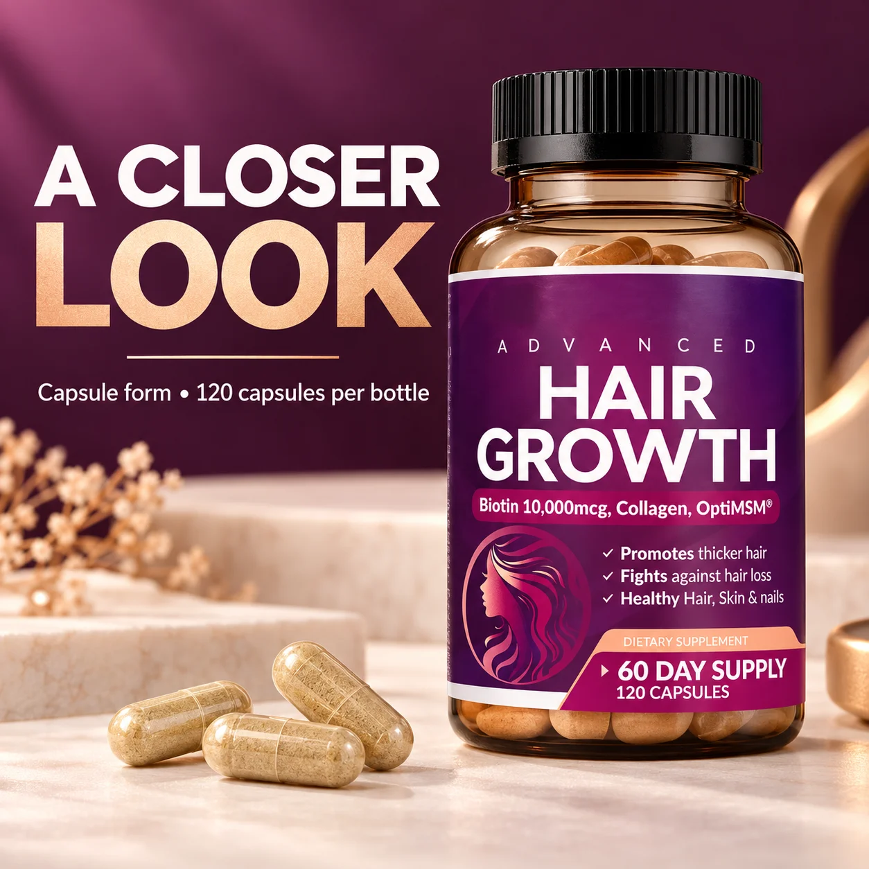 Hair Growth Supplement Biotin 10000mcg Collagen MSM Hair Skin Nail Support Vitamins 120 Capsules 60 Day Supply Daily Beauty Care