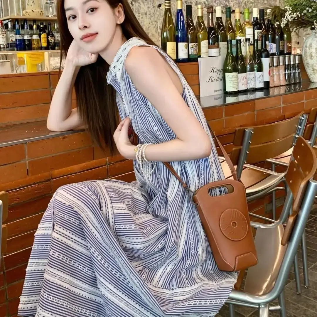 Striped Sleeveless Dress Mid Length Turndown Collar Lady Casual Sleeveless Printed Dress Women Comfortable Loose Spring Summer