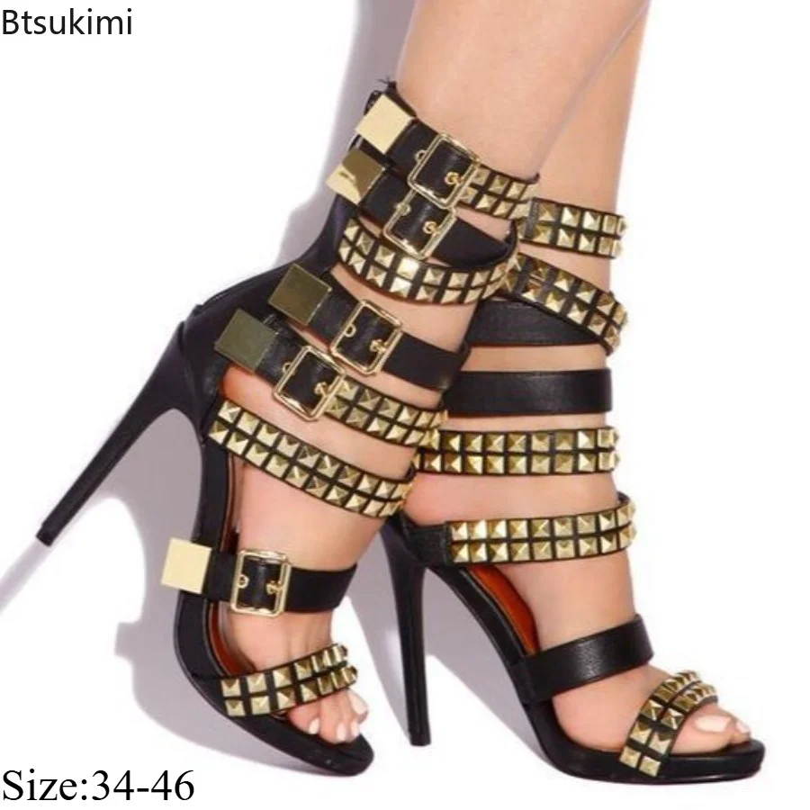 New Fashion Women's High-heeled Buckle Sandals Exposed Toes Gold Rivets Gladiator Sandals Punk Rock Gothic Summer Party Shoes