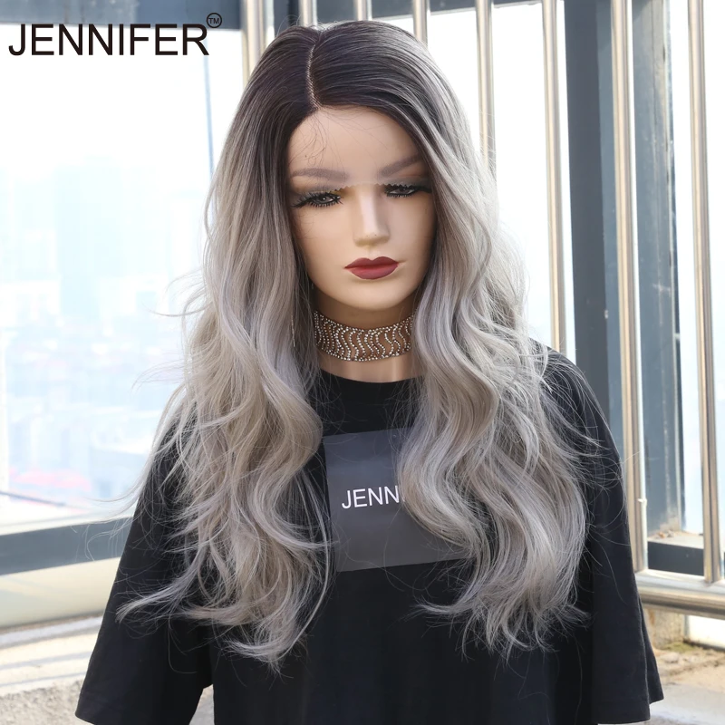 

Synthetic Lace Wigs For Women Ombre GreyColor Part Lace Long Nature Wave High Temperature Fiber Cosplay/Party wig