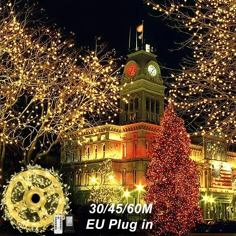EU LED String Lights Remote Control Waterproof 30/45/60M Length Fairy Lights for Garden Plants Branches Balcony Decor Warmlight