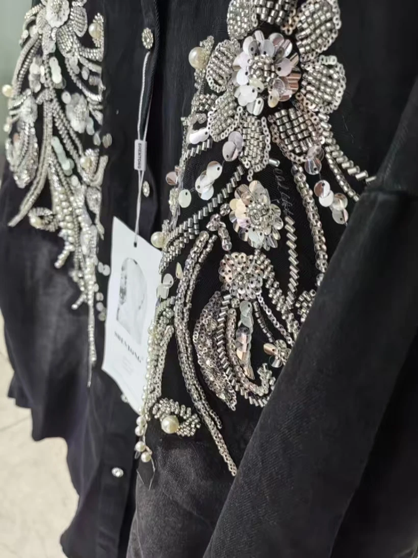 

Осенний тренд 2024, модное джинсовое пальто с вышивкой и расклешенными буквами для женщин, свободная повседневная черная верхняя одежда, джинсовая куртка, верхняя женская одежда