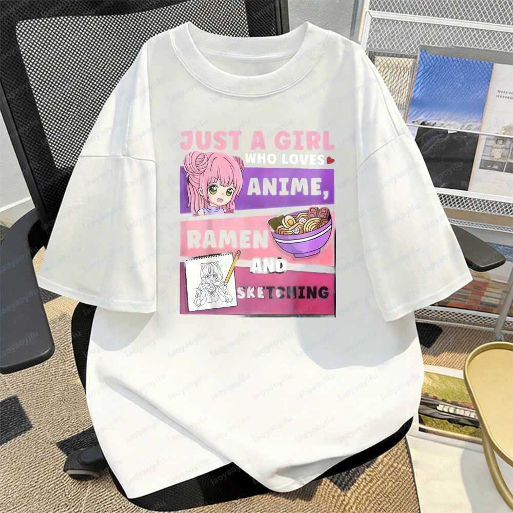 Anime Ramen Sketching Girl Print Women's T-Shirt Summer Otaku Casual Graphic Tee for Women Fashion Trendy Cotton Tops Ropa Mujer