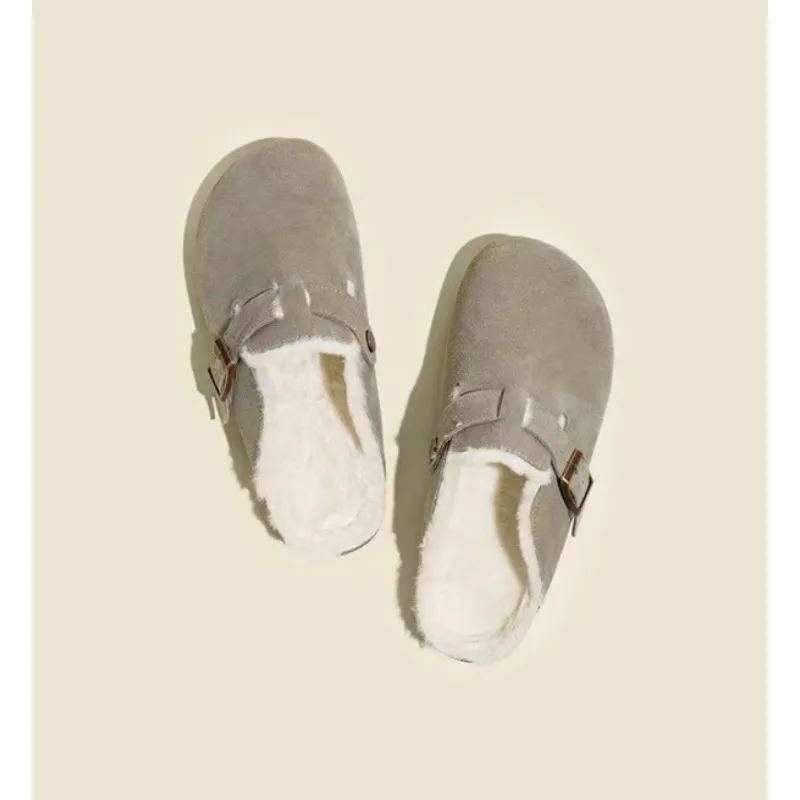 Comwarm الكلاسيكية الشتاء البغال للنساء الرجال جديد الشتاء الفراء الجلد المدبوغ قباقيب الفلين القدمين دافئ غامض النعال مع مشبك قابل للتعديل