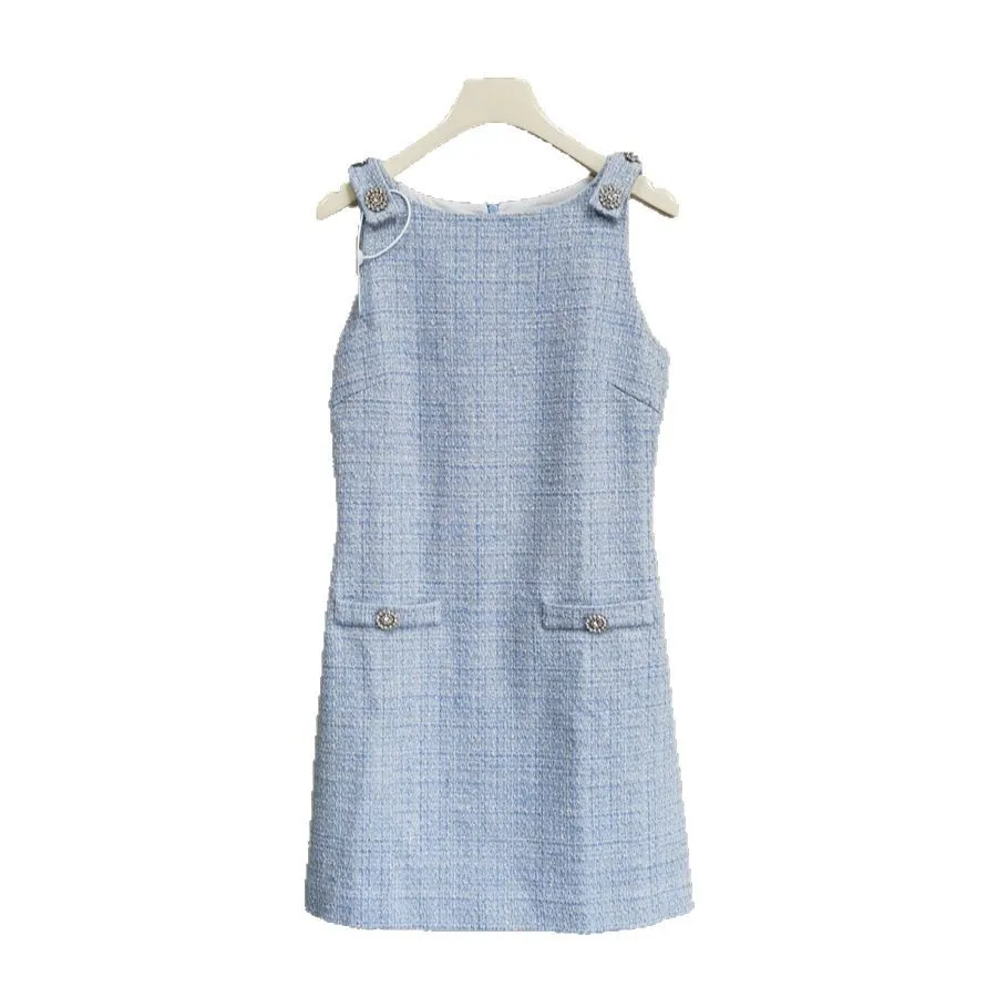 

Blue Tweed Vest Dress Rhinestone Button Sleeveless Elegant 2025 Summer New Style Evening Gown for Women Elegant Party
