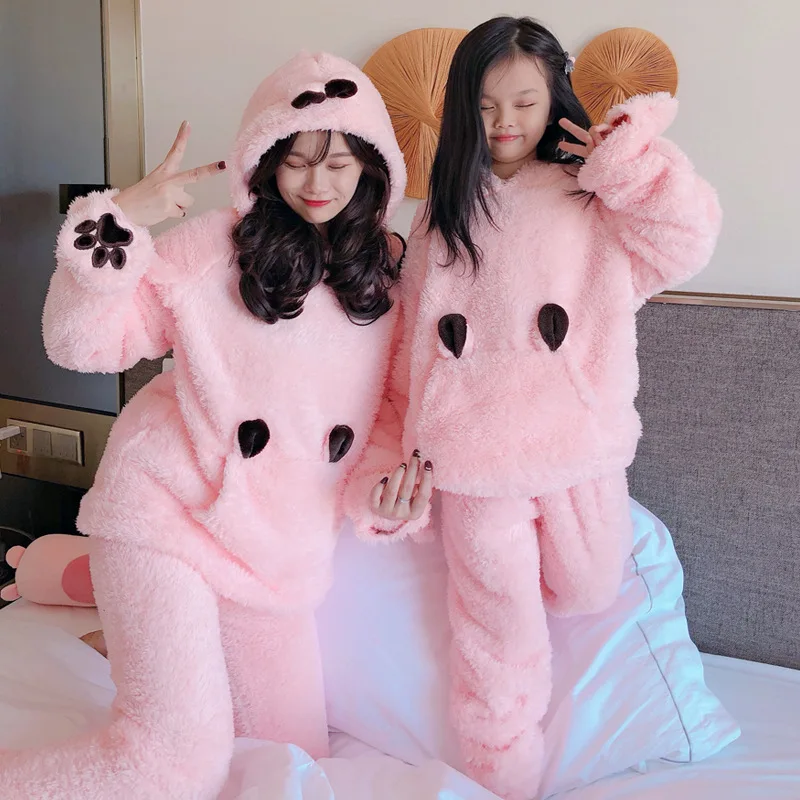 Autumn Winter Warm Pile Pajama Set Mother Daughter Coral Fleece Sweet Cute Hooded Loungewear Suit Thickened Fashion Pajama Pants