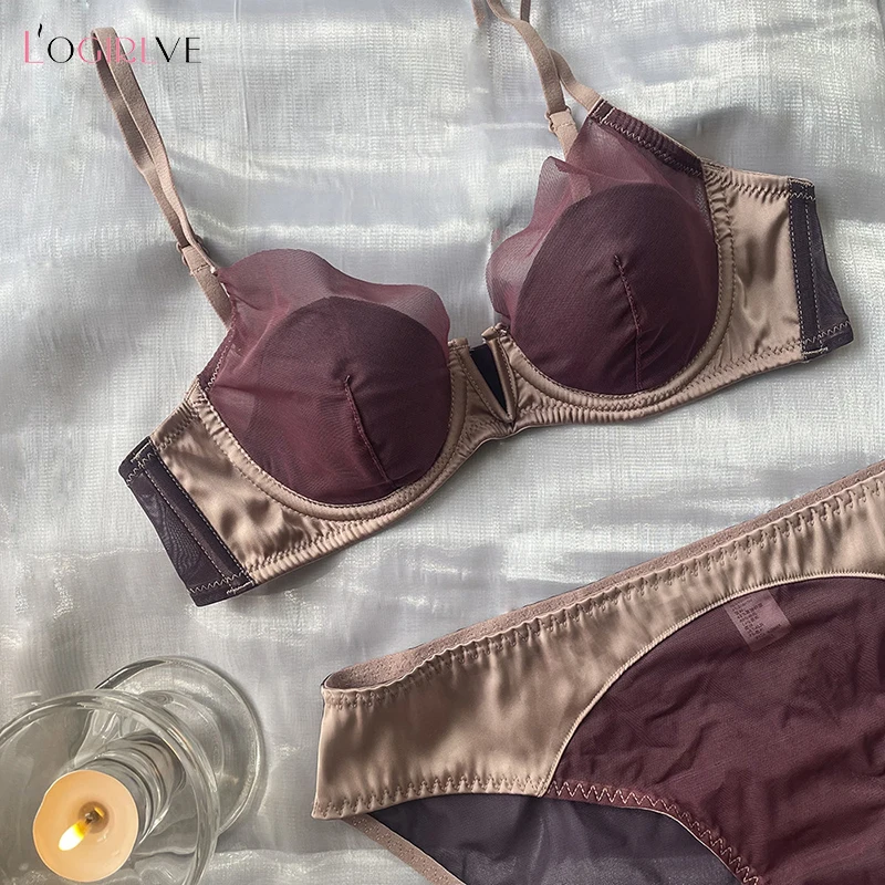 Logirlve Sexy Mesh Glossy Bra Gathered Thin Cup Bra Soft Steel Ring Thin Underwear Set Deep V Bras B C Cup Women Lingerie set