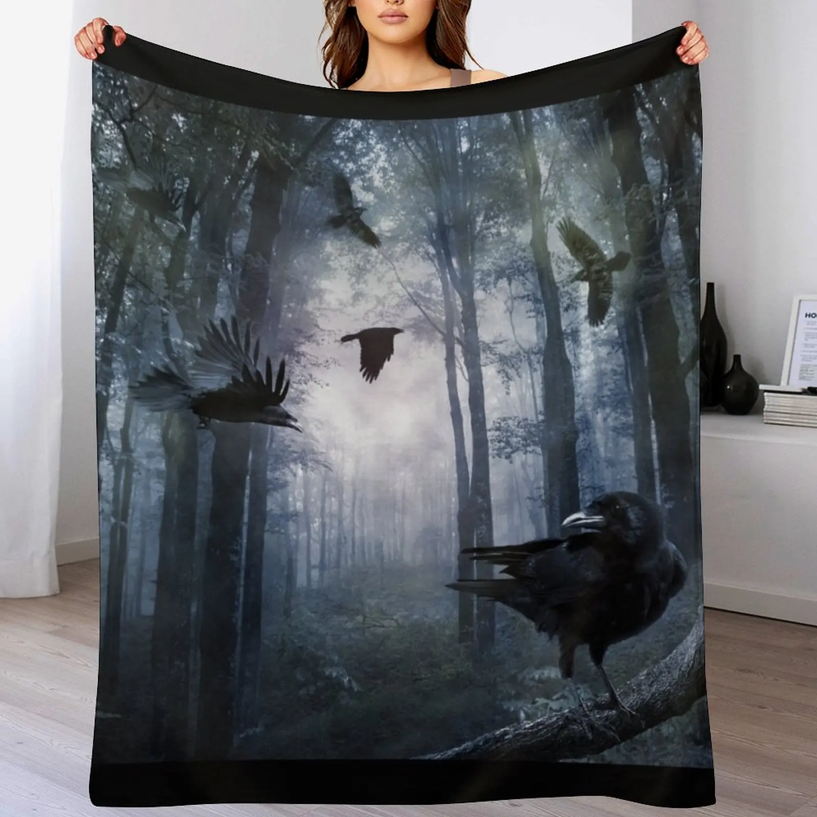 

Misty Forest Crows Throw Blanket Flannel Fabric Retros Blankets For Baby Loose Blankets