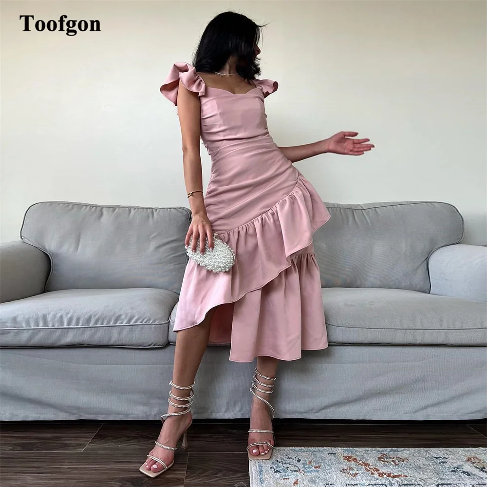 Toofgon Dusty Pink Saudi Arabia Prom Gowns Sheath Pleated Layers Evening Dresses Tea-Length Women Formal Special Party Dress