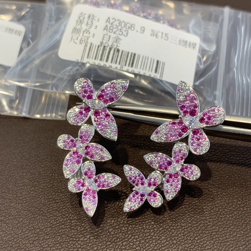 Cameo S925 sterling silver butterfly earrings for women pink blue gradient color full diamond high-end jewelry earrings