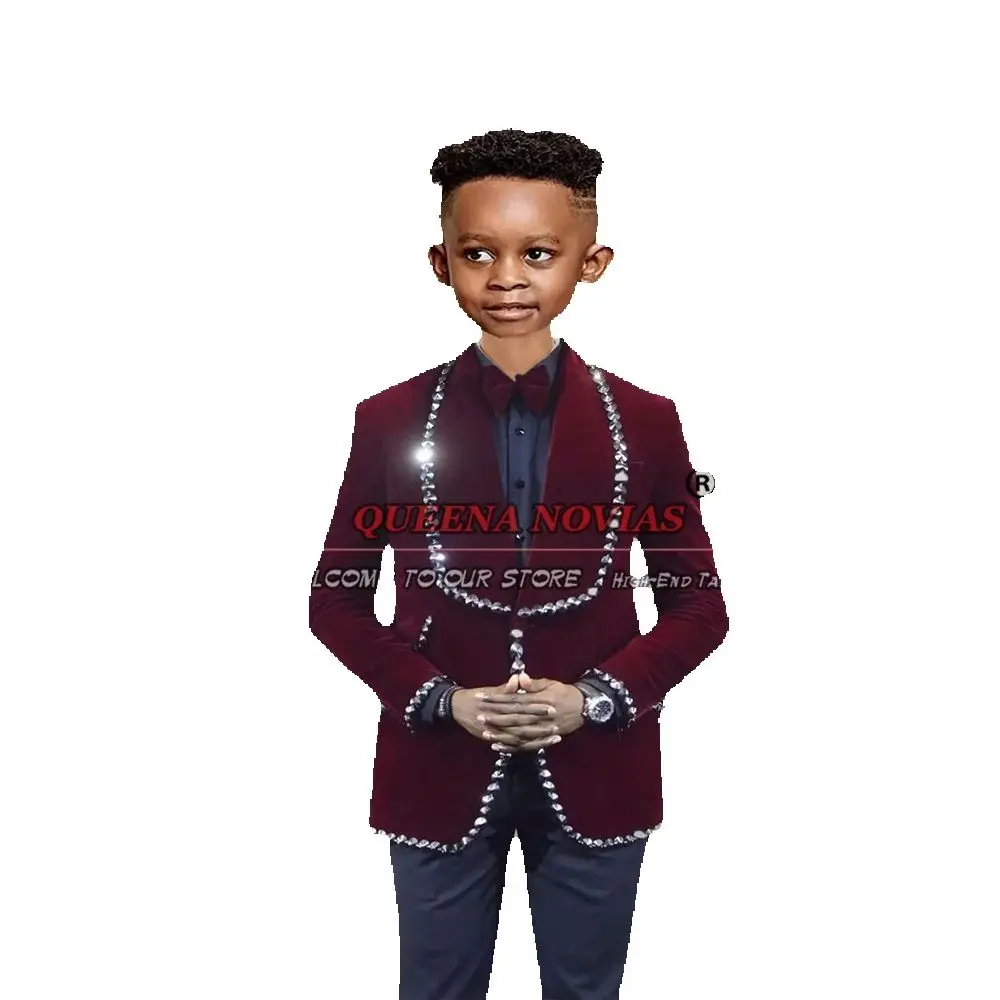

Luxury Boy's Suits For Wedding Crystal Beading Lapel Velvet Jacket Black Pants 2 Pieces Children Tuxedos Kids Clothing