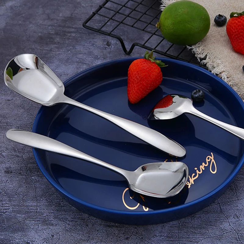 3 Size Stainless Steel Large Square Kitchen Spoon Flat-bottomed Rice Soup Ladle For Dessert Soup Spoon Tea Spoon