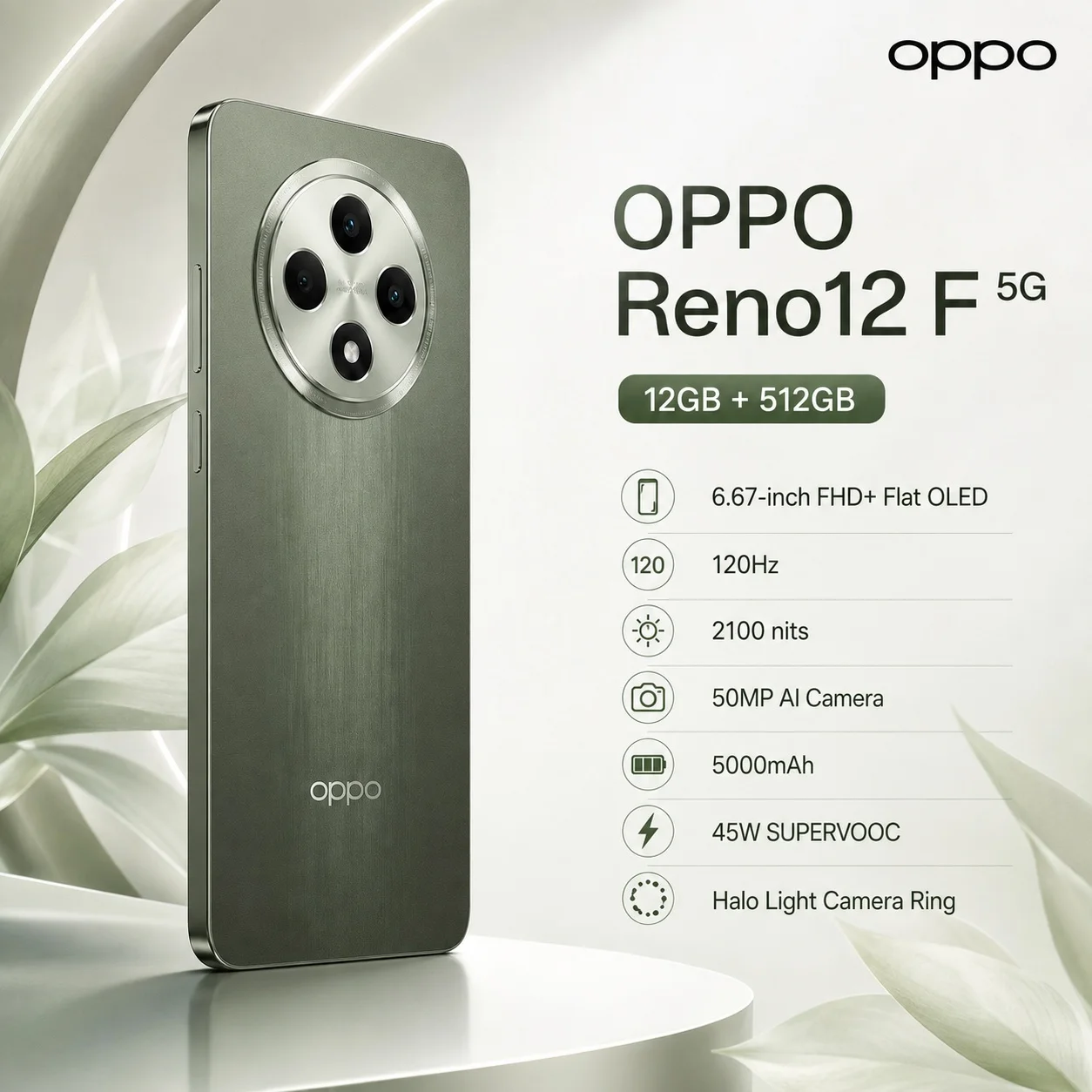 OPPO Reno12 F 5G Phone 12GB+512GB, Dimensity 6300, 120Hz OLED Screen, 50MP AI Triple Camera, 5000mAh, 45W SUPERVOOC, NFC