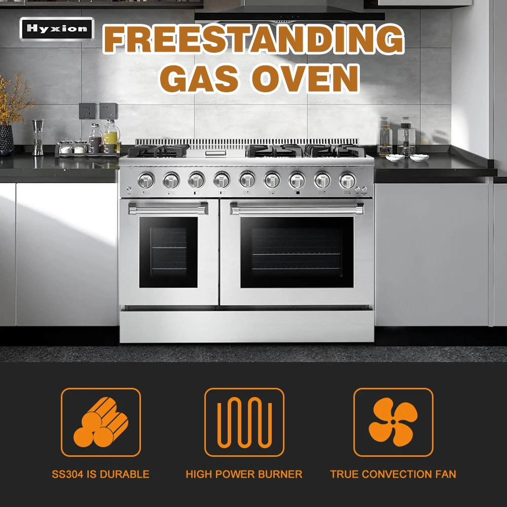 Horno de estufa independiente Hyxion de 48 pulgadas con parrilla, gamas de 6 quemadores, convección de alta gama para uso doméstico o RV