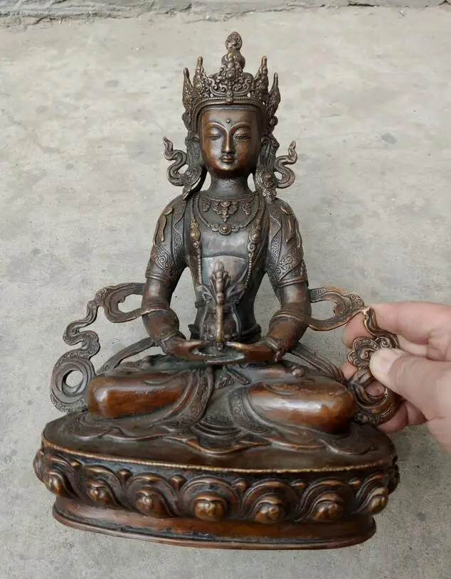 

30cm Buddha statue old Handcarved Buddhism bronze Amitayus Amitabha Sakyamuni