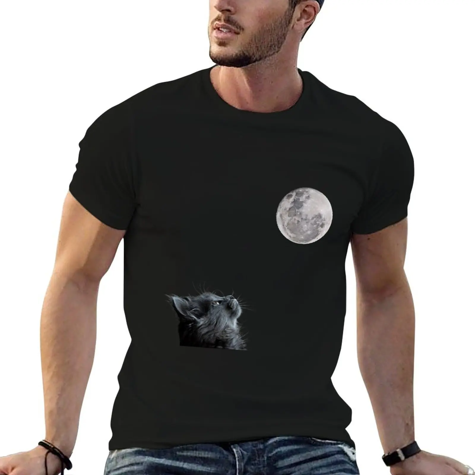 Cat Looking At The Moon T-Shirt t shirt man luxury t shirt men 100% cotton luxury brand man t shirt cotton T-shirt