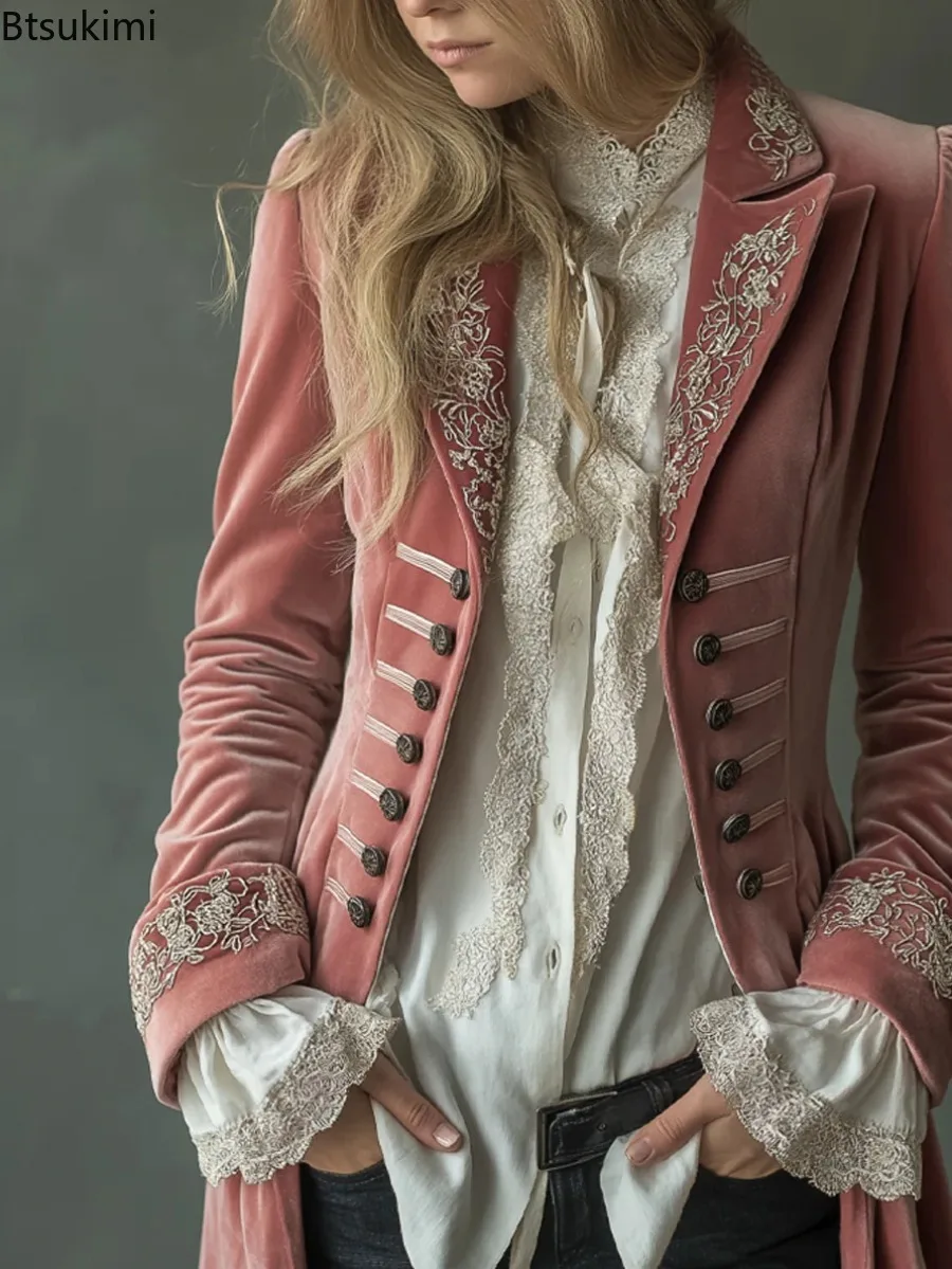 Women's Elegant Long Sleeve Long Velvet Coat Autumn Winter Solid Color Lace Spliced Lapel Double Breasted Mid Waist Elastic Coat