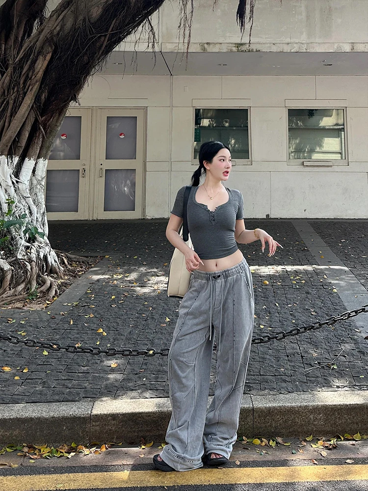 Cseta de Manga Corta Estilo Americano para Mujer, Verano, Ajustada, Sexy, Cuello Medio Abierto con Botones en los Hombros,...