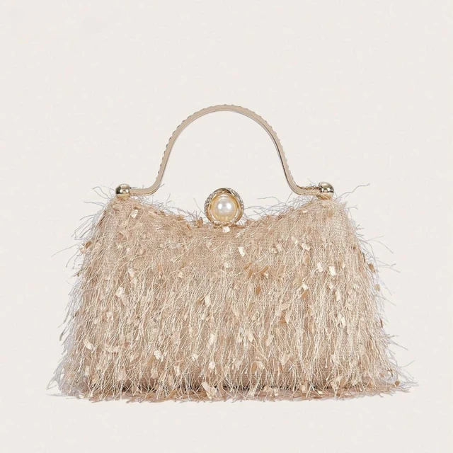 Damskie torebki z frędzlami na imprezę z frędzlami nylonowe luksusowe pióro na ślub damskie kopertówki eleganckie zielone torebki z piór torba na ramię Crossbody