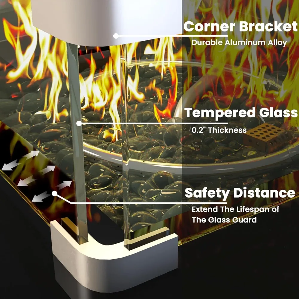 Outdoor Gas Fire Pit Table with 28 Square Rattan Design, Glass Wind Guard, and Tempered Glass Top