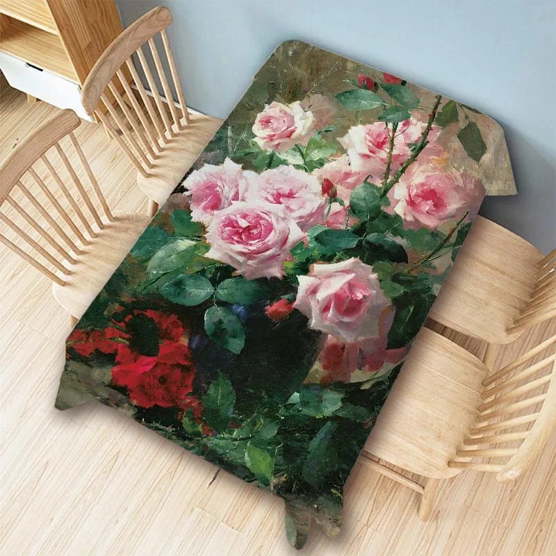 Beautiful Pastoral Style Flower Rose Lily Oil Painting Home Decoration Art Cotton Linen Table Cloth Water Resistant Desk Cover