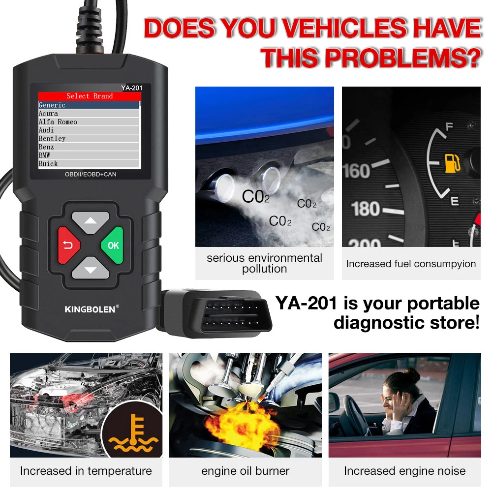 KINGBOLEN YA201  Professional Auto Scanner for Engine Check OBD2 EOBD Code Reader Car Diagnostic Tool PK CR3001 ELM327