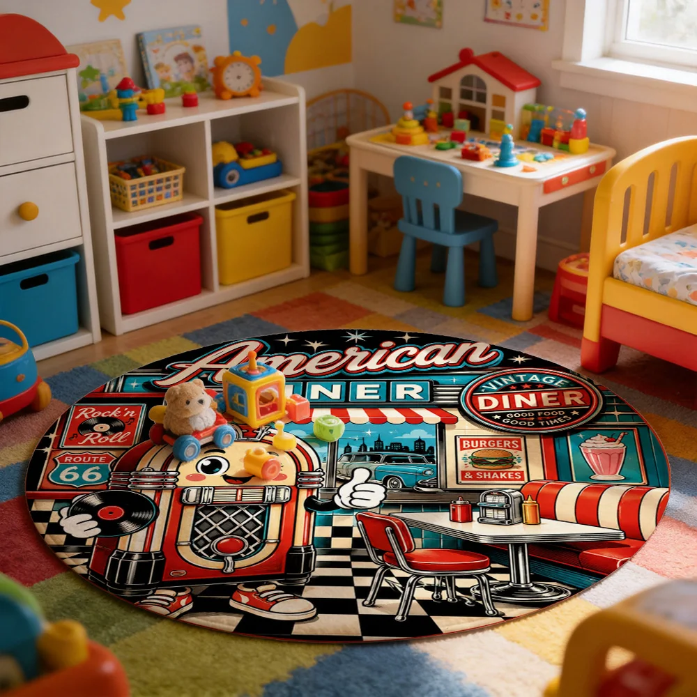 American Diner Style Round Area Rug Retro Rock and Roll Diner Theme Mat for Kitchen Living Room Decor