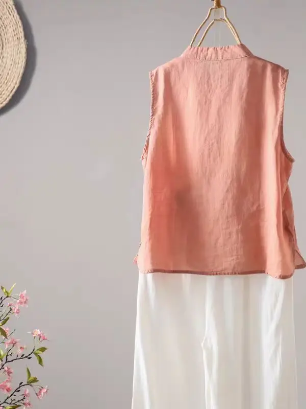 

Retro Artistic Collared Side Buttoned Svel irt Vest Women Summer Color Overhead Tang Suit Slimming Top