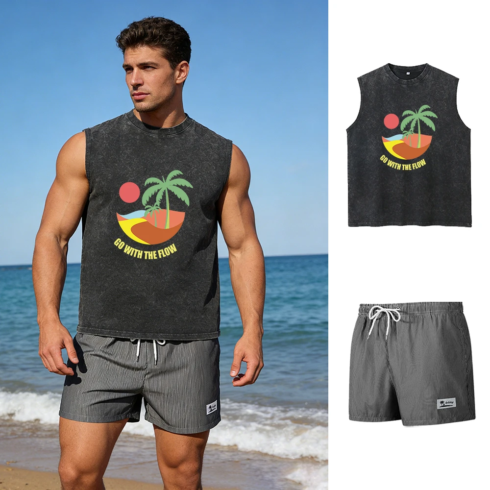 

Men's Coconut Tree Print Washed Cotton Vest With Drawstring Striped Shorts 2 Piece Set For Summer Vacation Casual Swimwear