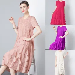 Miyake Elegant Temperament Dress 2024 Short Sleeved Summer Design Three-dimensional Decorative Patch Pleats Slimming Long Skirt