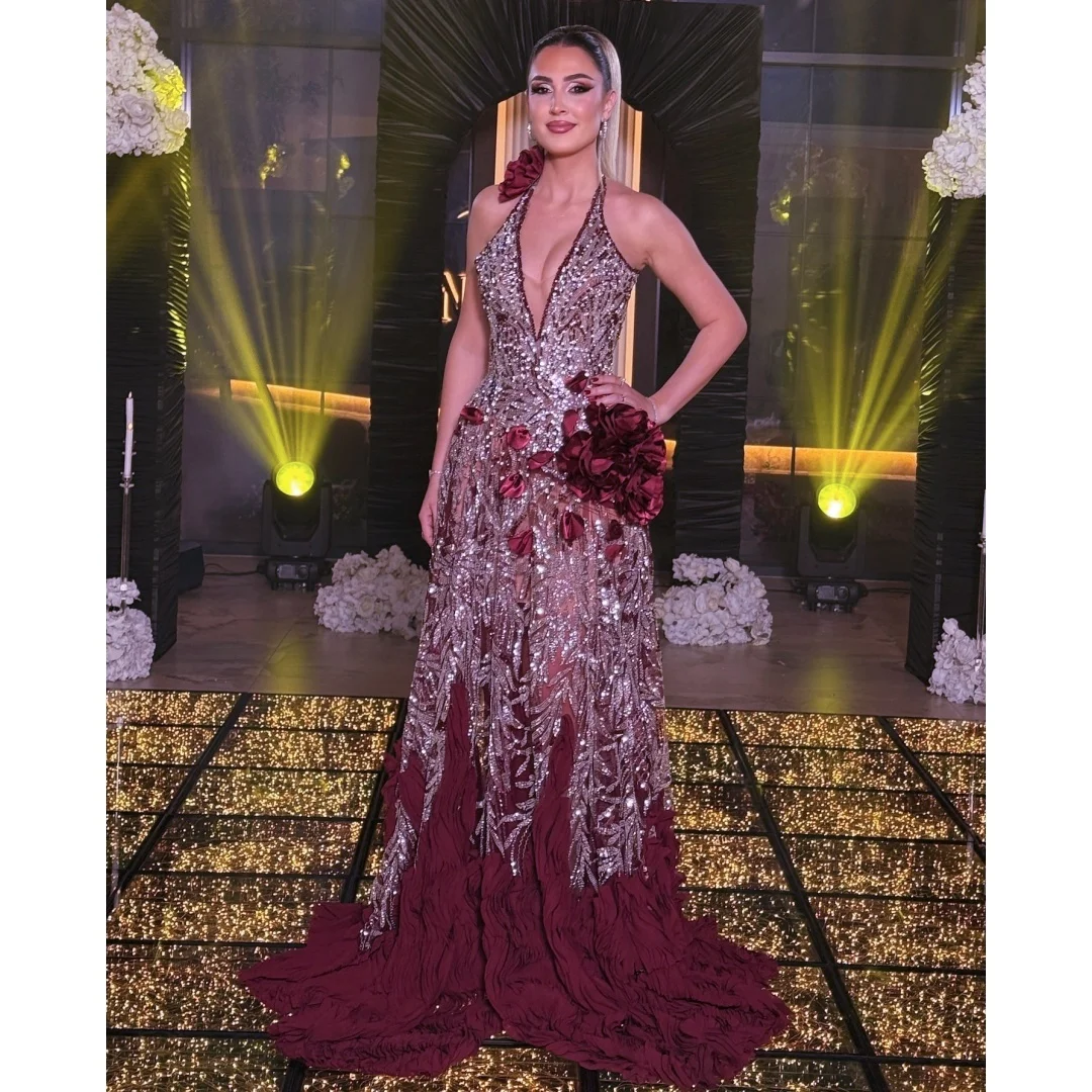 

Stunning Sequins Evening Dresses Exquisite Ruffles Burgundy Prom Gown See Thru Sexy Party Dress Customized 3D Flowers Vestidos
