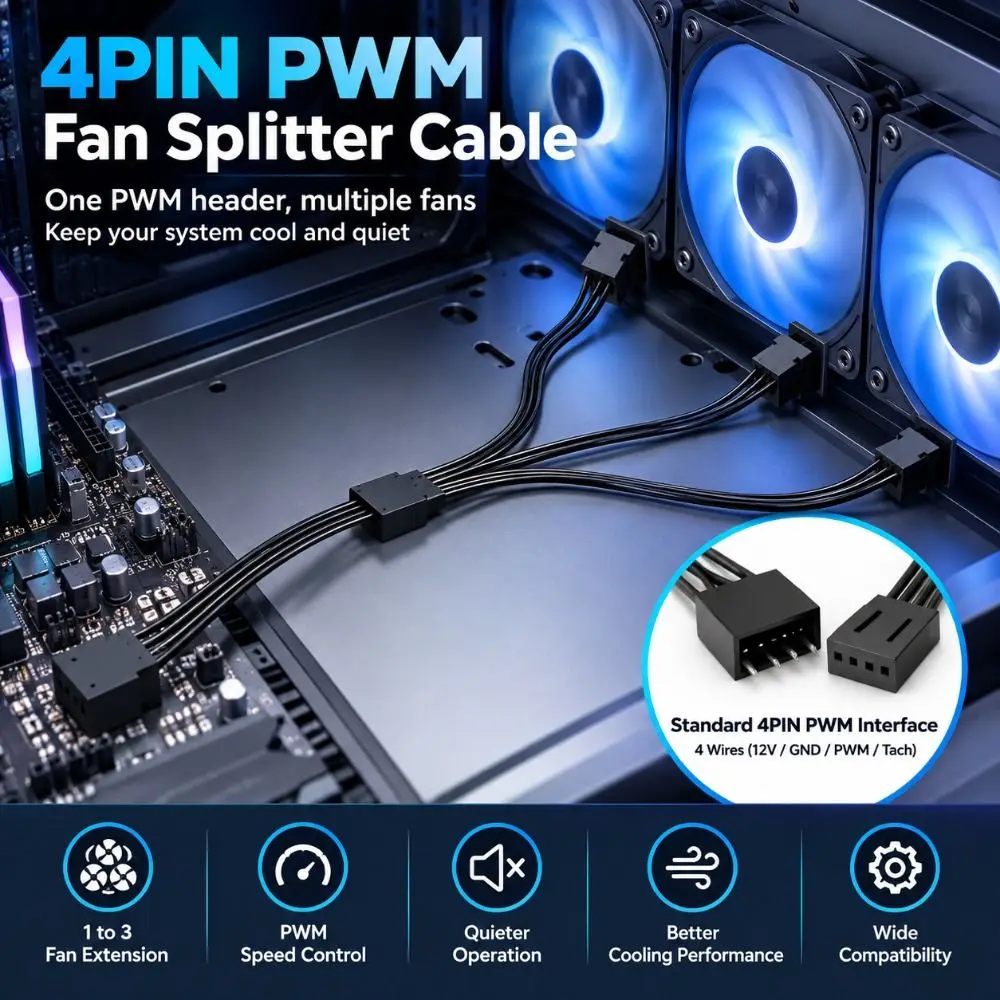Practical 4Pin PWM Fan Splitter Cable Multi-fan Universal Fan Extension Cable Y Splitter PWM Connector Computer Case