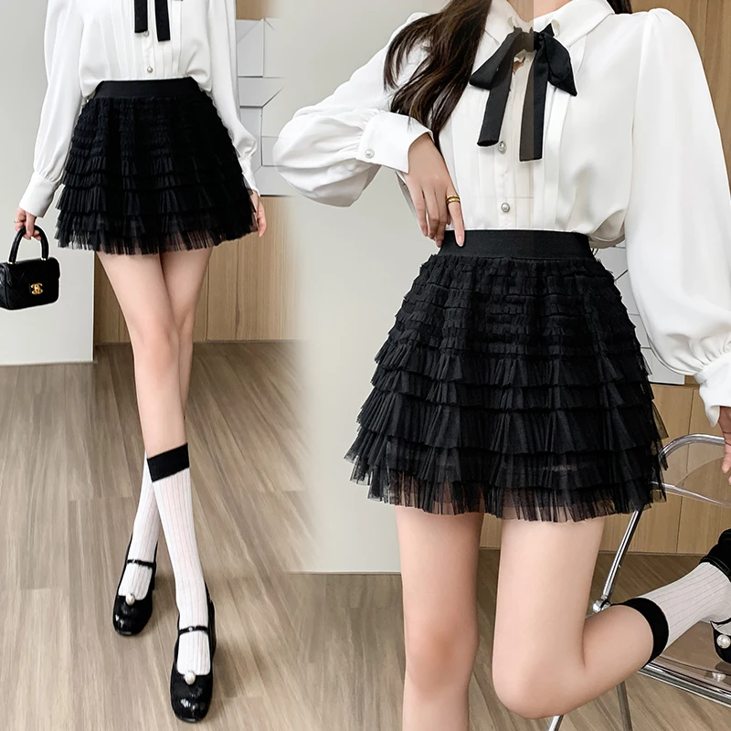 

New Casual Woman Mesh Fold Cake Skirt Womens Korean Fashion Office Lady Wear Female OL Girls Cute Sexy Black Mini Pleated Skirs