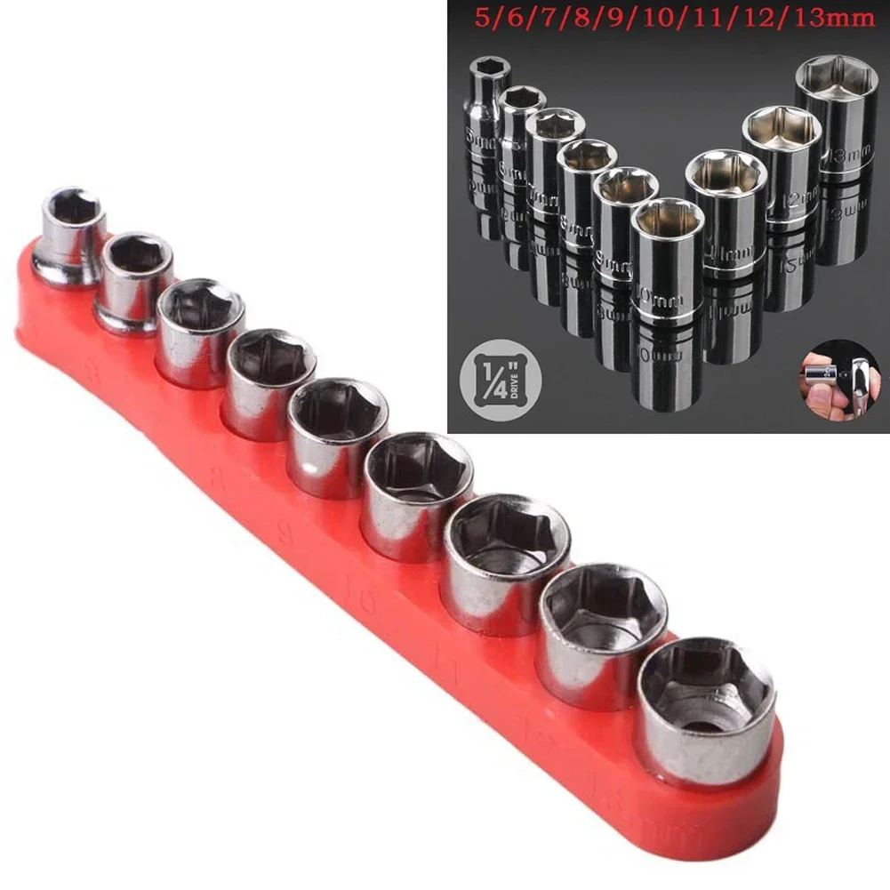 9pcs Hex Bit Metric Socket Wrench Head Nut Set With Red Base Power Drill Hand Removal Tools 1/4 Inch Drive 5-13mm