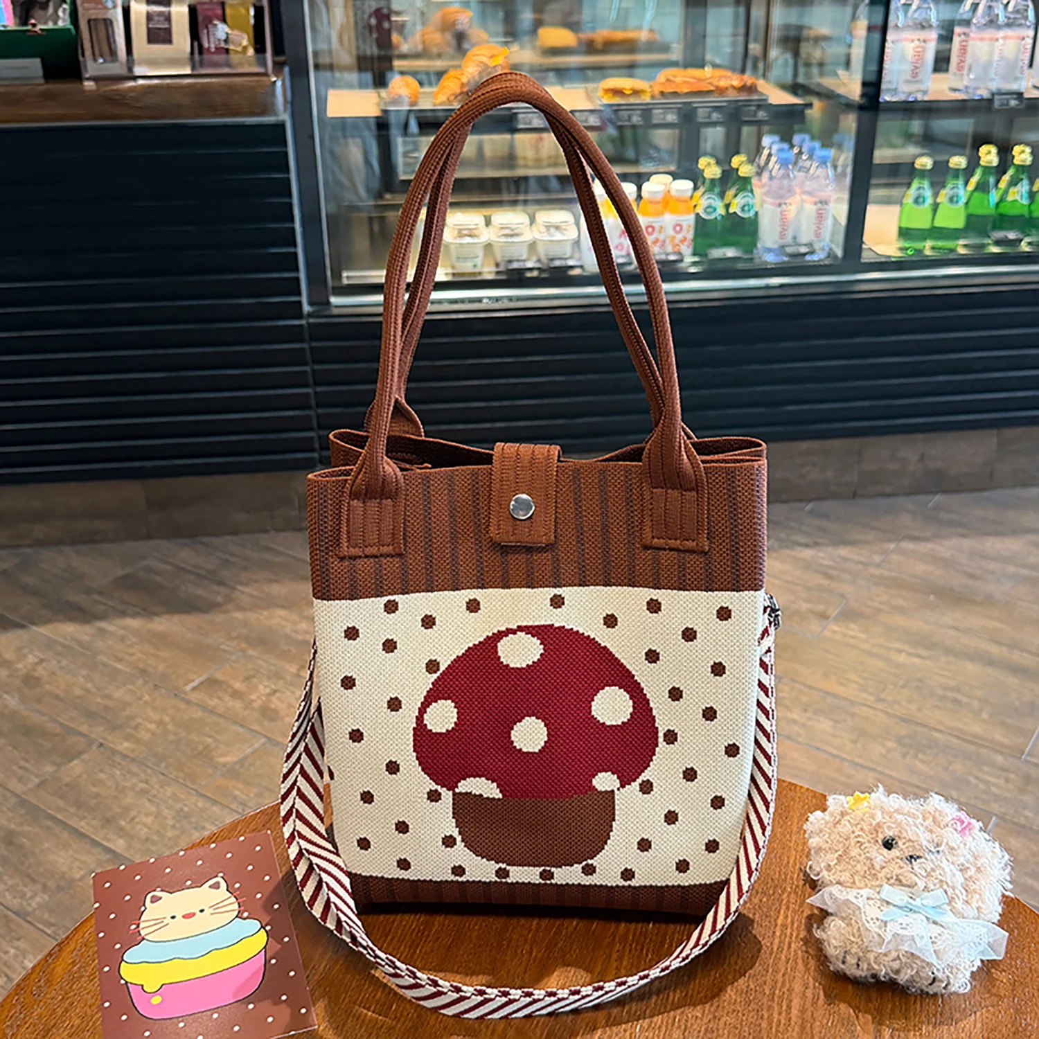 Cartoon Mushroom Knitted Shoulder Bag, High-Quality Eco-Friendly Gift Bag, Multifunctional Large-Capacity Tote Bag, Suitable for Gifting to Family, Friends, Classmates, Holiday Shopping, Fashionable Crossbody Bag, Daily Casual Outing, Carrying Essentials, Women's Handbag