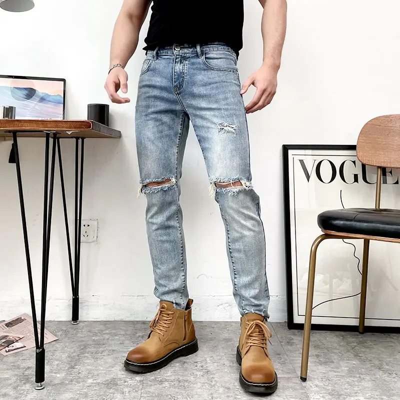 

Джинсы с дырками, мужские прямые летние стильные тонкие уличная одежда для отдыха в японском стиле, рваные хипстерские минималистичные спортивные джинсовые отбеленные