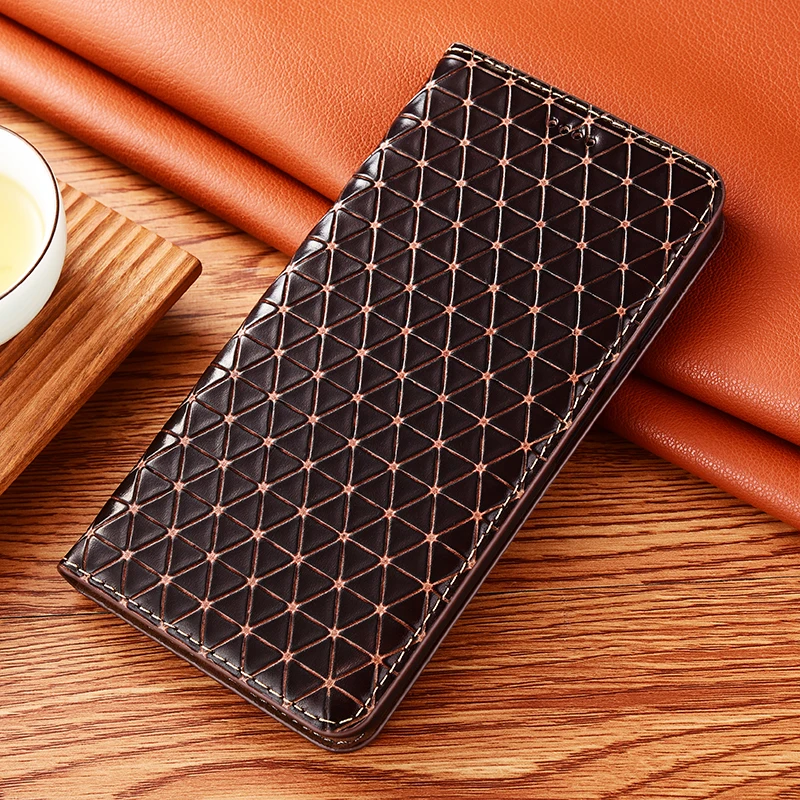 Grid Pattern Genuine Leather Flip Phone Case For Tecno Spark 4 5 6 7 7T 7P 8 8C 8P 8T 9 9T Pro Air Lite Spark Go Wallet Cover