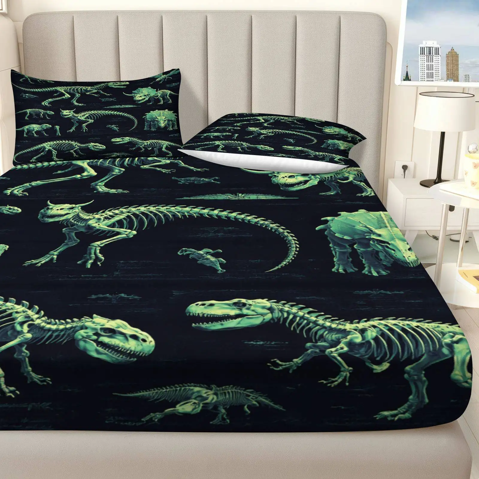 Flat Printed Bed Sheet, Bedroom Decor, Bedding, Home Bedroom Decoration, Holiday Bed Sheet and Pillowcase, Dinosaur Skeleton Fossil Bed Sheet Set, Halloween Theme, Mattress Protector