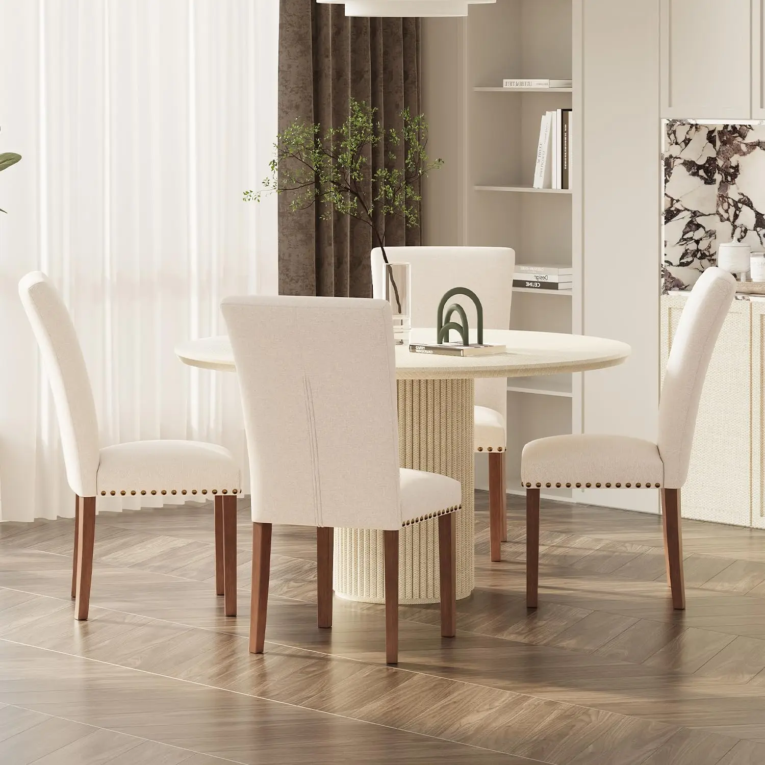Farmhouse Dining Chairs Set of 6, High Back with Wooden Legs and Nailhead Trim, Modern Fabric Dining Room Chair for, Customized