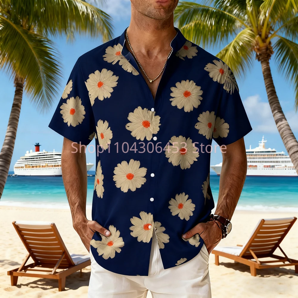 New Men's 8-color Natural Color Flowers 3D Printed Short-sleeved Lapel Hawaiian Beach Party Light Breathable Casual Shirt Top