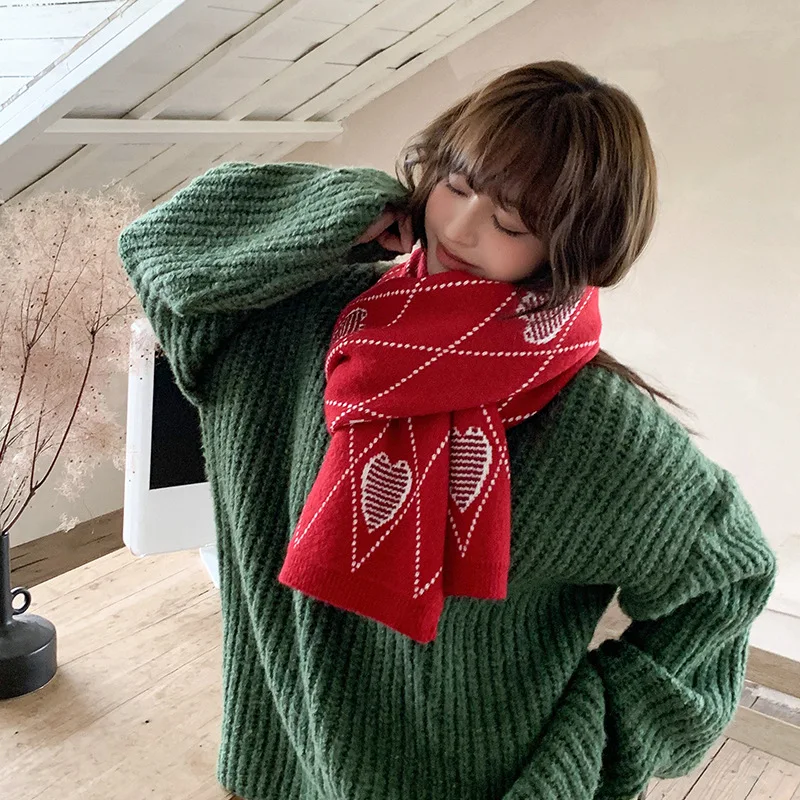 

Корейская версия, осенне-зимний шерстяной шарф с сердечным узором для женщин, толстый теплый вязаный шарф унисекс с бриллиантами, студенческая шаль